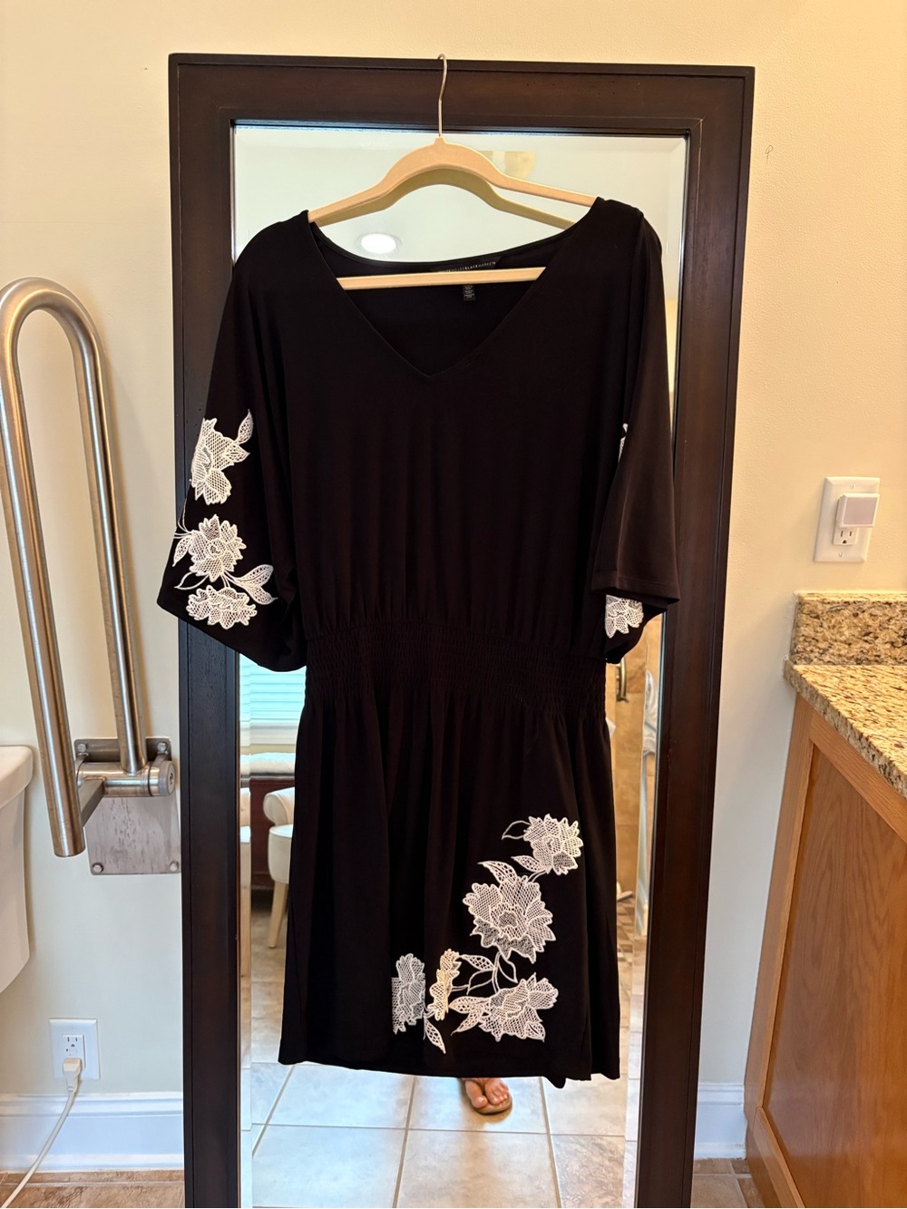 White House Black Market Black Midi Dress with White Floral Appliqué
